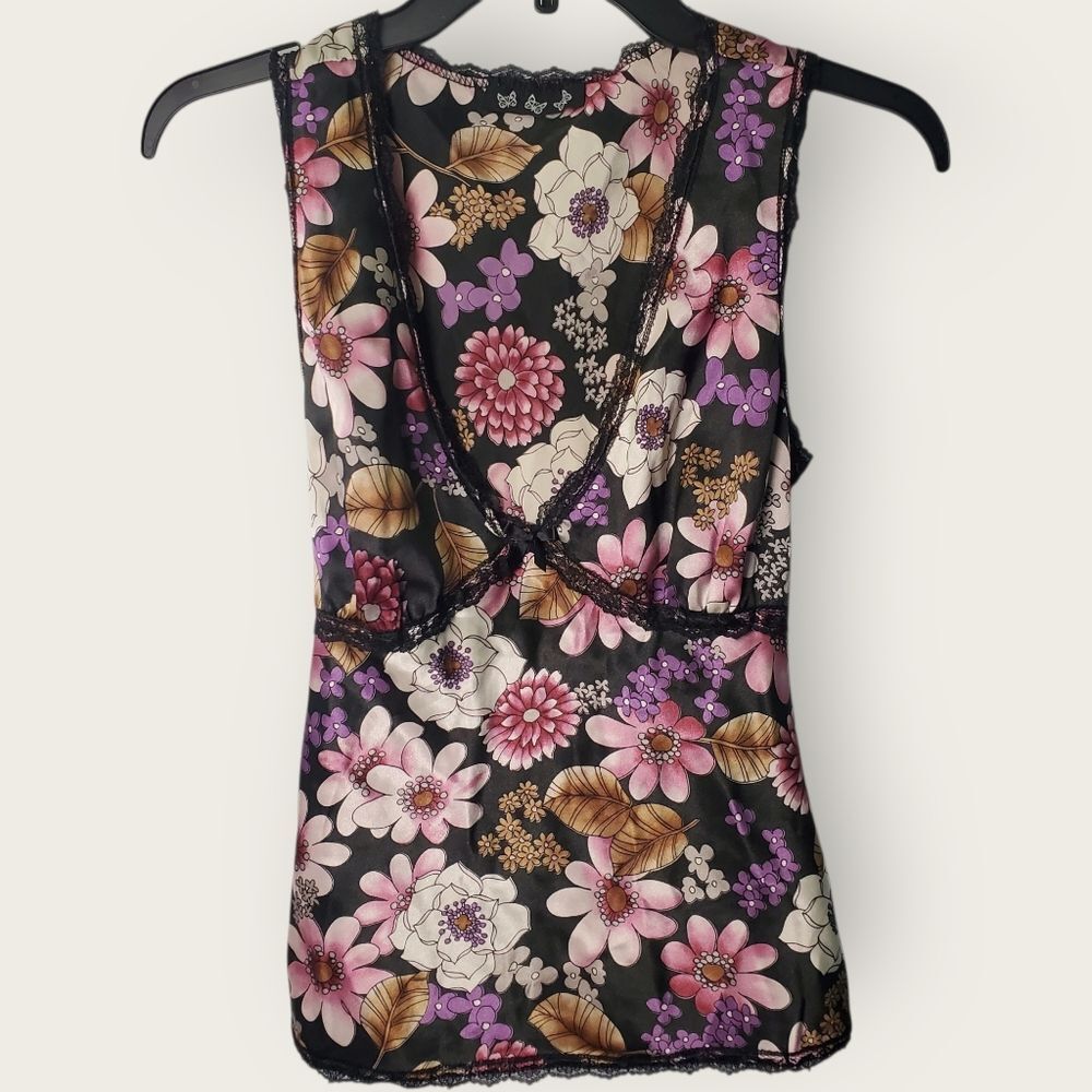 Y2K Satin Sleeveless Top Floral Lace Trim Sleeveless